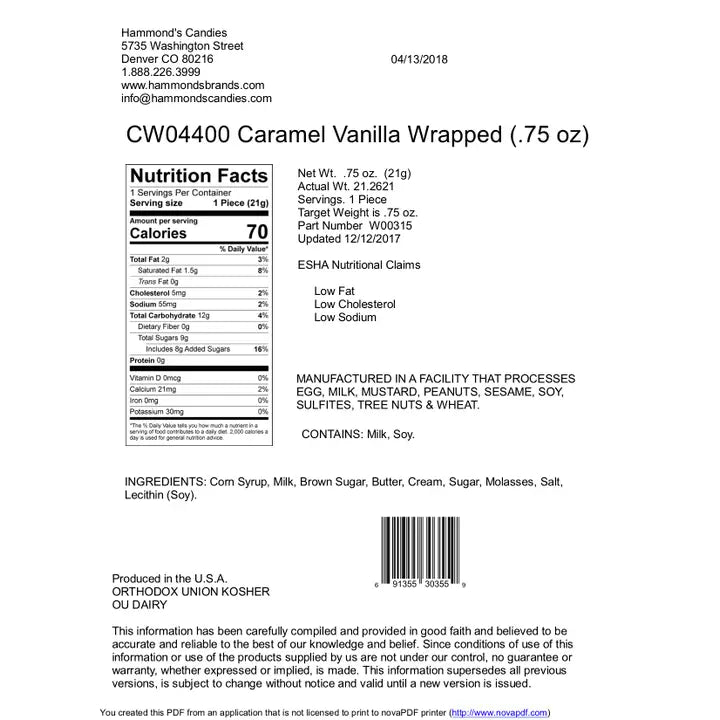 Hammond’s Handmade Natural Vanilla Caramel