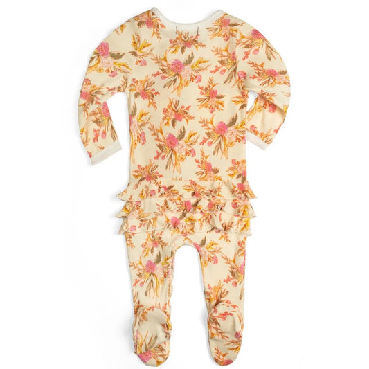 MilkBarn Vintage Floral Organic Cotton Ruffle Zipper Footed Romper