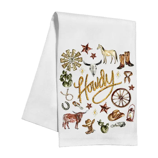 RosanneBeck Collections Texas Themed Handpainted Howdy Western Icons Kitchen Towel