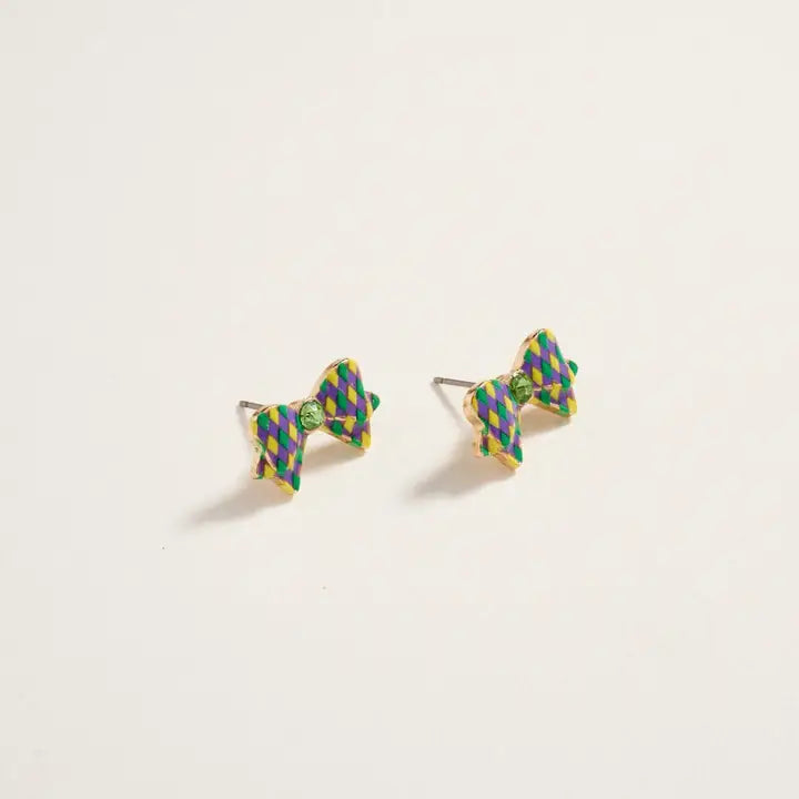 Mardi Gras Ribbon Bow Rhinestone Post Earrings