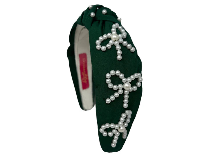 Embellished Pearl Bow Green Knotted Headband