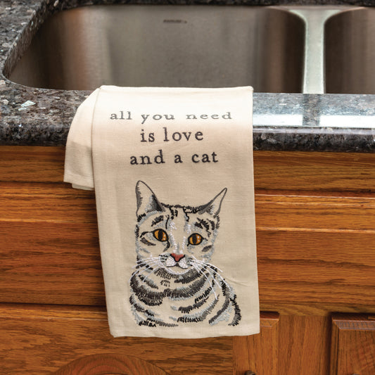Love And A Cat Embroidered Kitchen Towel