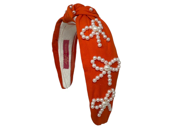 Embellished Pearl Bow Orange Knotted Headband