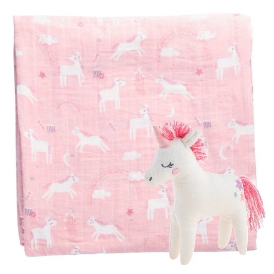 Pink Unicorn Muslin Blanket & Stuffed Animal Set