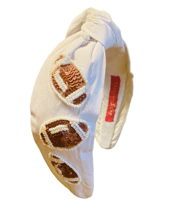 Embellished White with Brown Sequin Footballs Knotted Headband