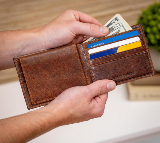 100% Genuine Tumbled Leather Passcase Bi-Fold Wallet - Brown