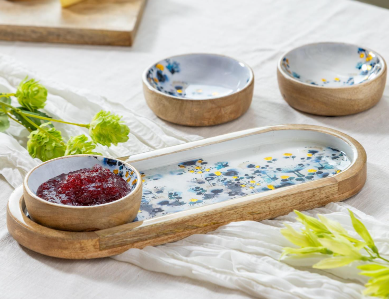 VivaStyle Gilded Meadow Wooden Tray with 3 Bowls