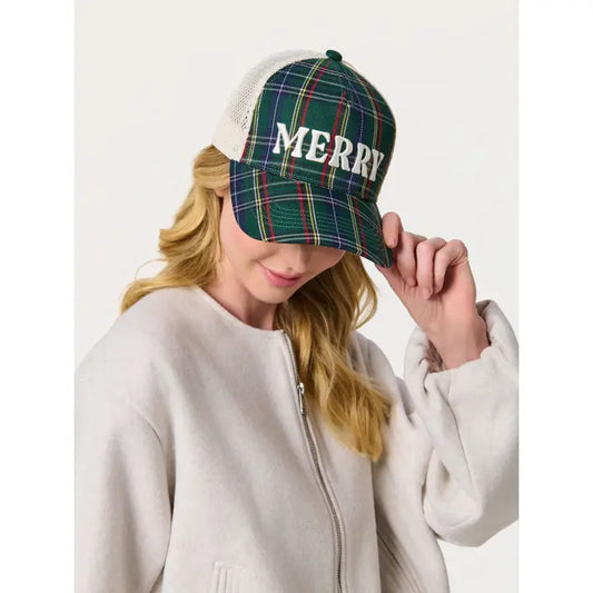 "Merry" Trucker Hat in Green Plaid