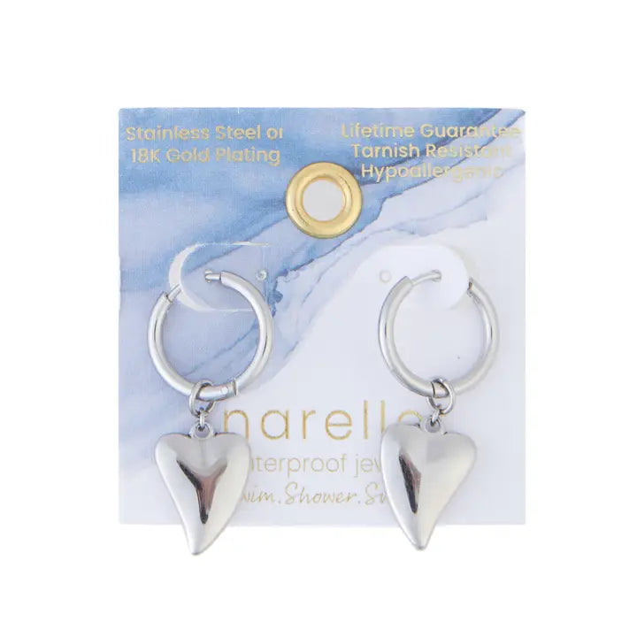 Waterproof Earrings Narelle Heart Charm Hoop Gold & Steel