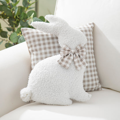 15" Shaped Pillow Embroidering, Bunny with Checkered Bow & Fluffy Tail