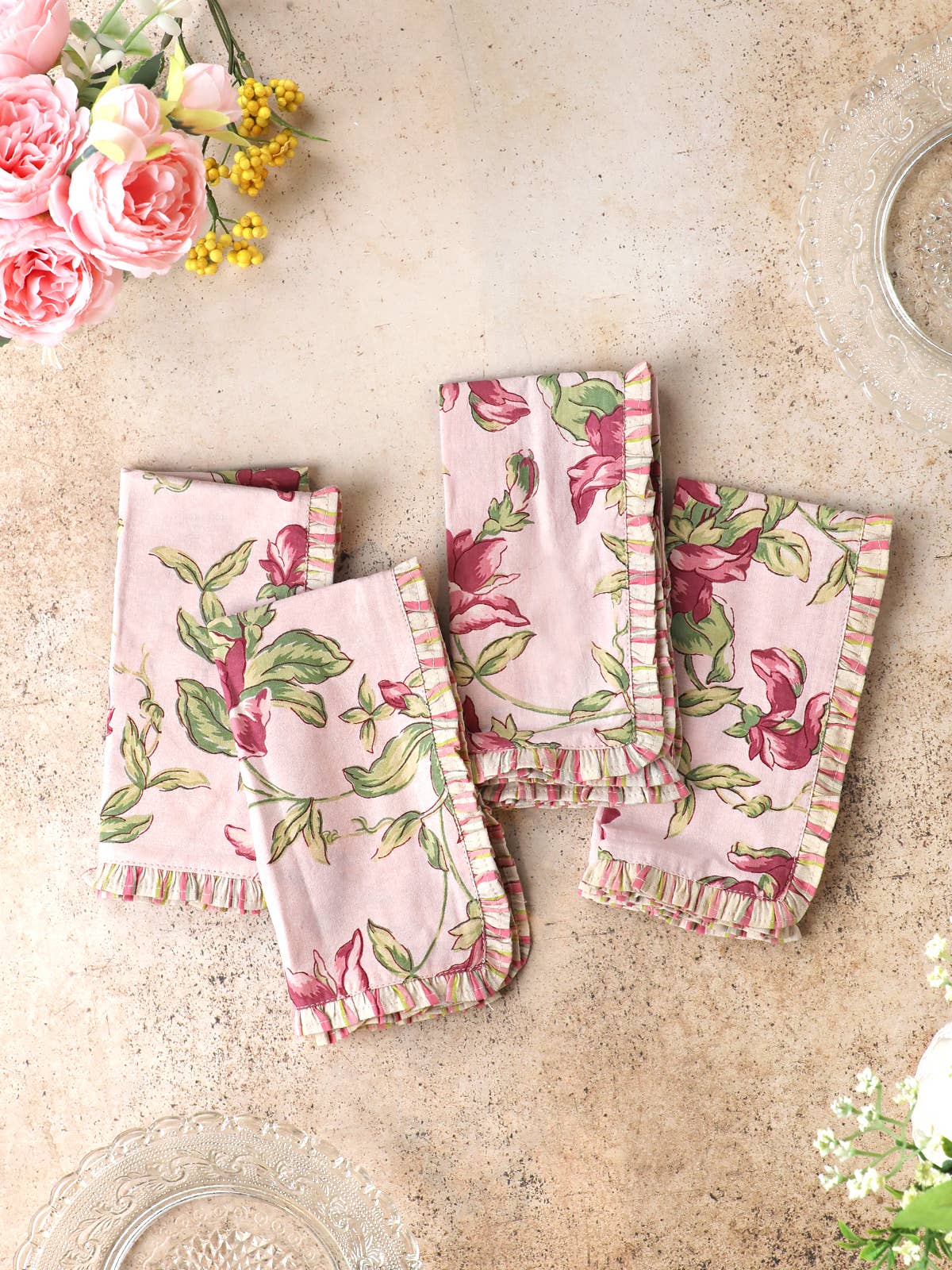 Sweet Pea Ruffle Luncheon Napkin Set of 4 - Rose