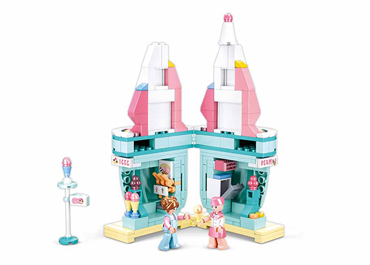 Pastel teal and pink ice cream shop building block set Lego bricks with two mini figures and accessories