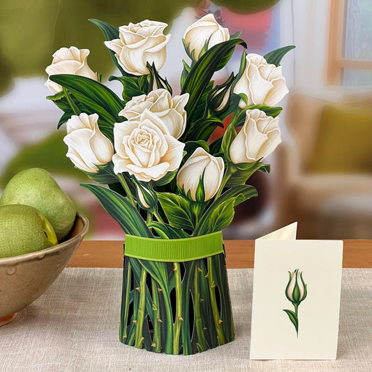 White Rose Pop-Up Flower Bouquet Blank Greeting Card