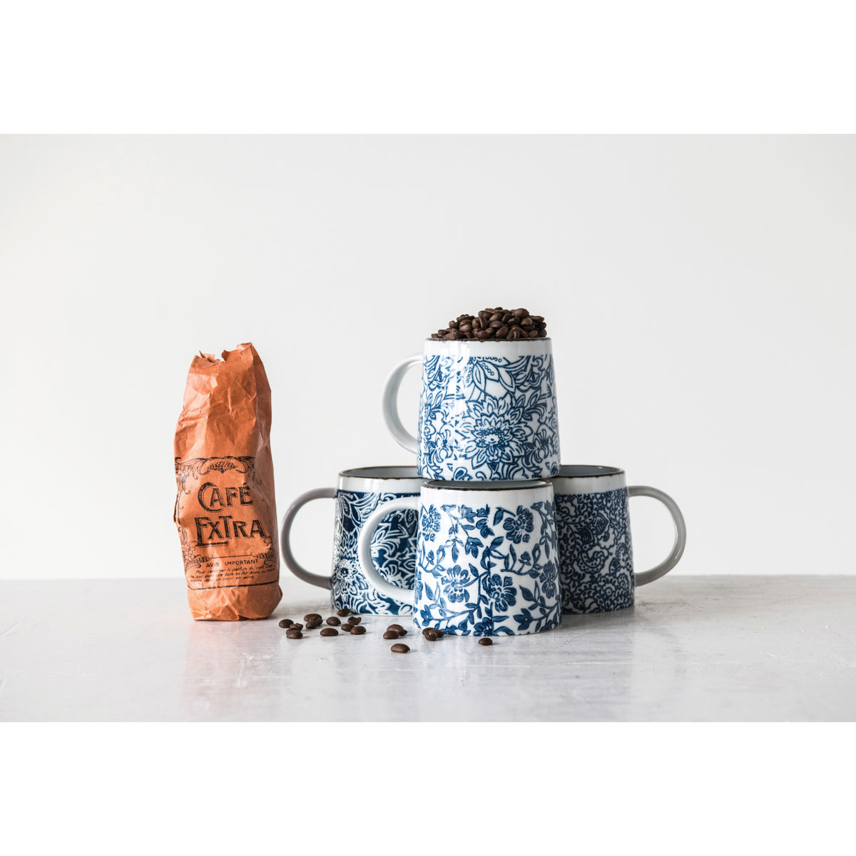 Hand-Stamped White & Blue Mugs