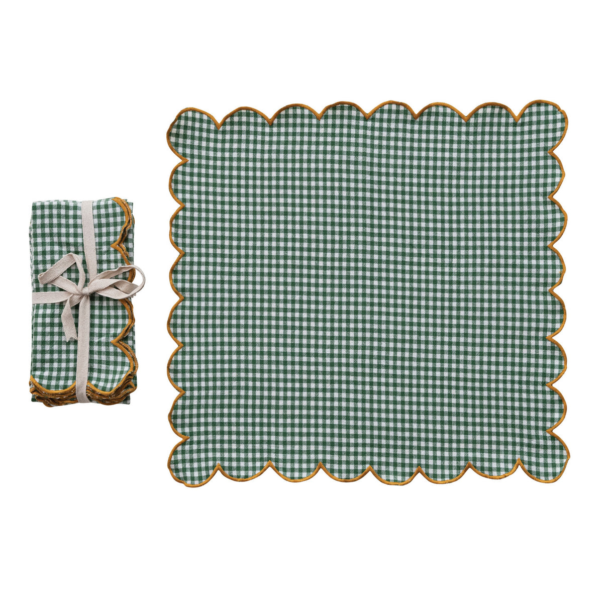 Scalloped Cotton Napkin Set of 4 - Green, White & Mustard