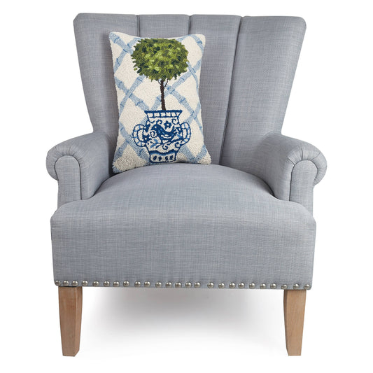 Blue Trellis Topiary Hooked Pillow