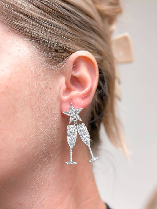 Cheers Rhinestone Dangle Earrings: Silver
