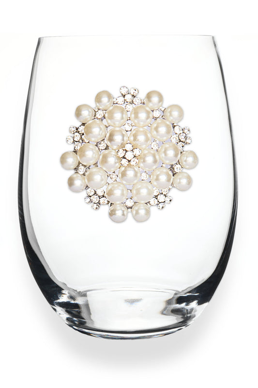 Round Diamond and Pearl Jeweled Stemless Wine Glass