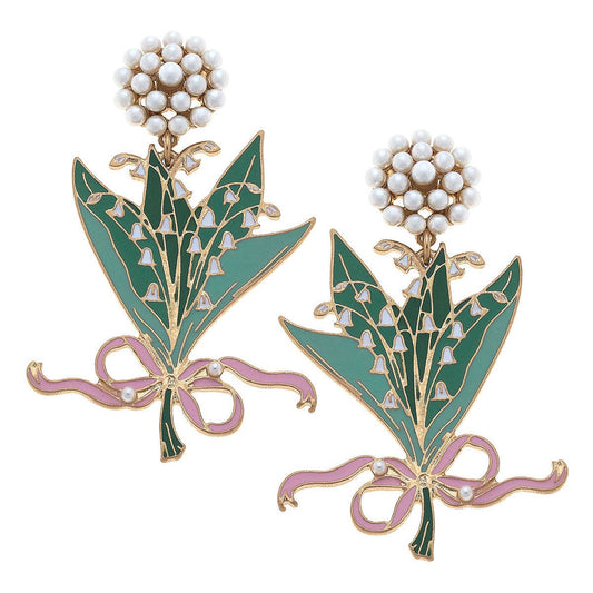 Lily of the Valley Enamel Bouquet Earrings in Green & Pink