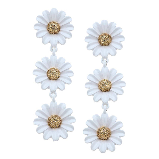 Linked Daisies Enamel Earrings in White