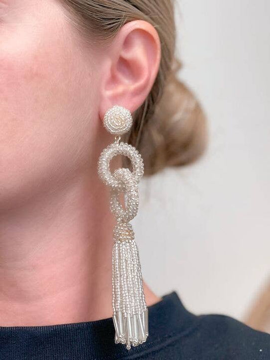Seed Bead Linked Tassel Earrings: White