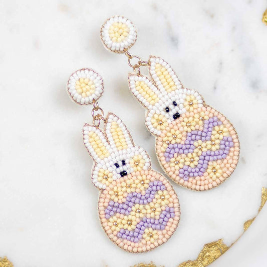 Easter Bunny Beaded Earrings   White/Multi   2.75"