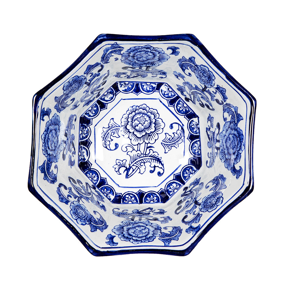 Blue and White Chinoiserie Porcelain Centerpiece Decorative Bowl