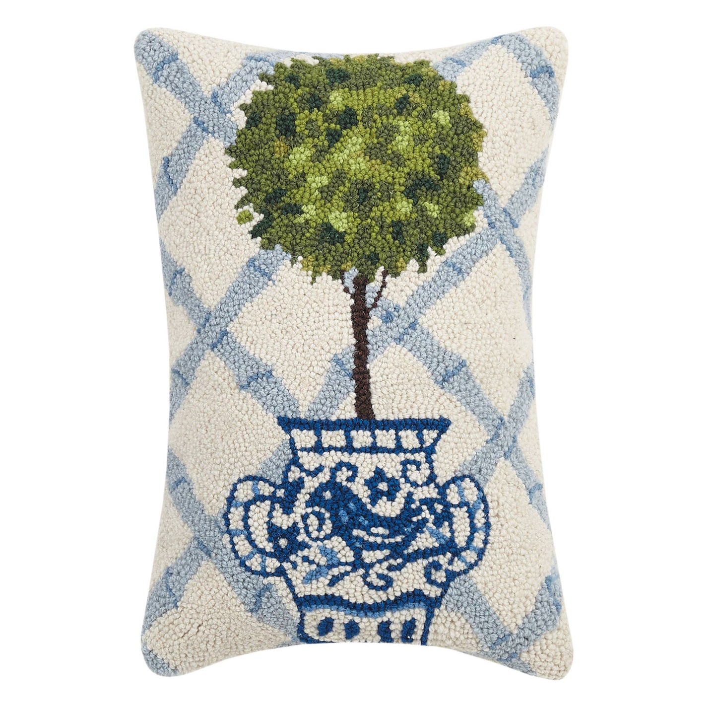 Blue Trellis Topiary Hooked Pillow