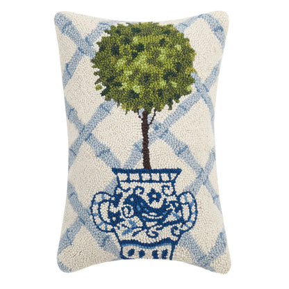Blue Trellis Topiary Hooked Pillow