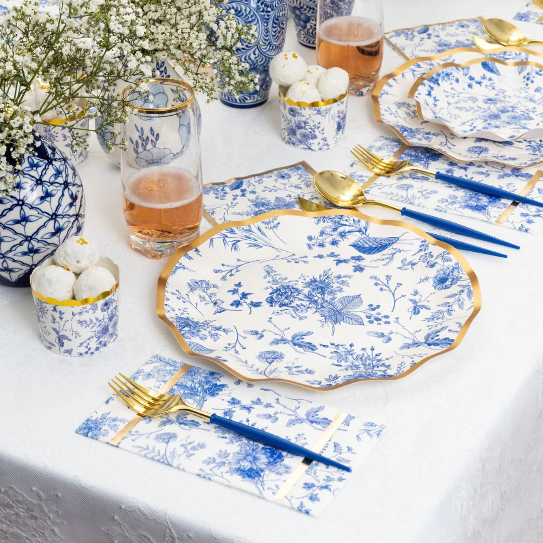 Sophistiplate Timeless Blue and White with Gold Trim Paper Cocktail Napkin, Pack of 20