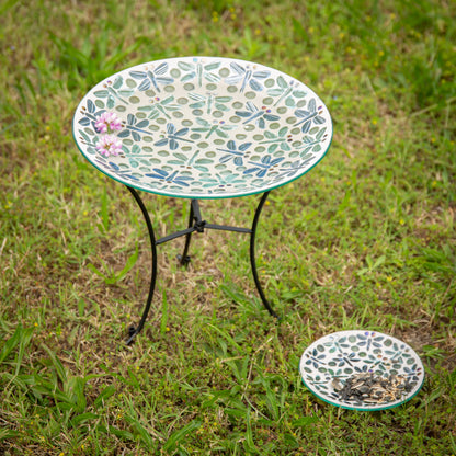 12" Mosaic Bird Bath With Stand & Seed Dish Set, Dragonfly