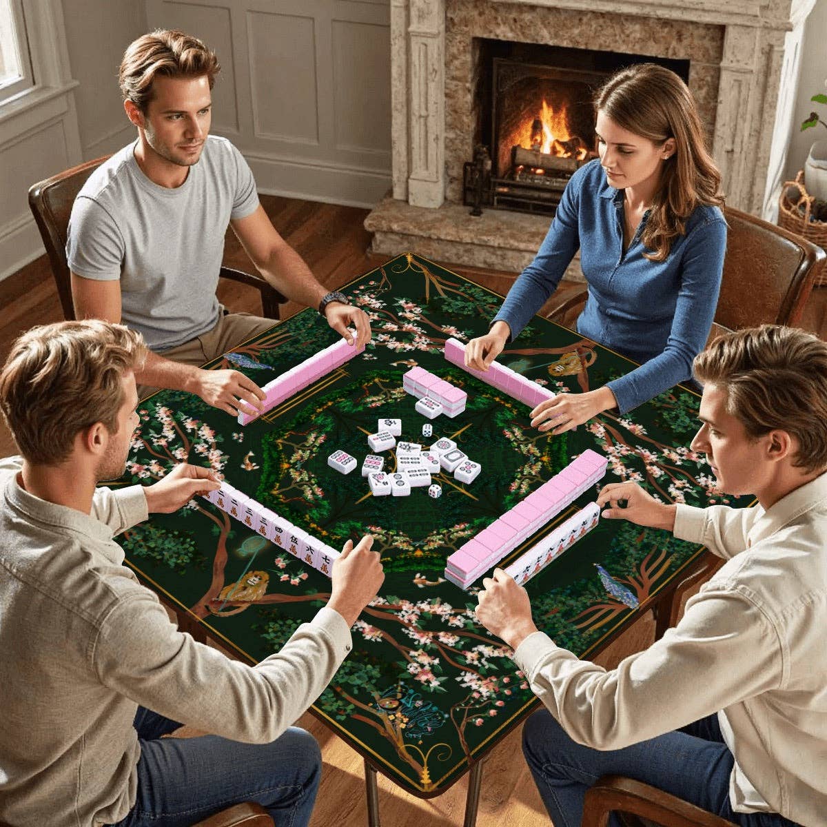 Mahjong Mat - Chinoiserie in Deep Forest Green