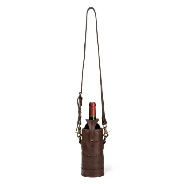 Mission Mercantile Leather Goods Campaign Leather Wine Bottle Tote Carrier & Strap - Wiskey