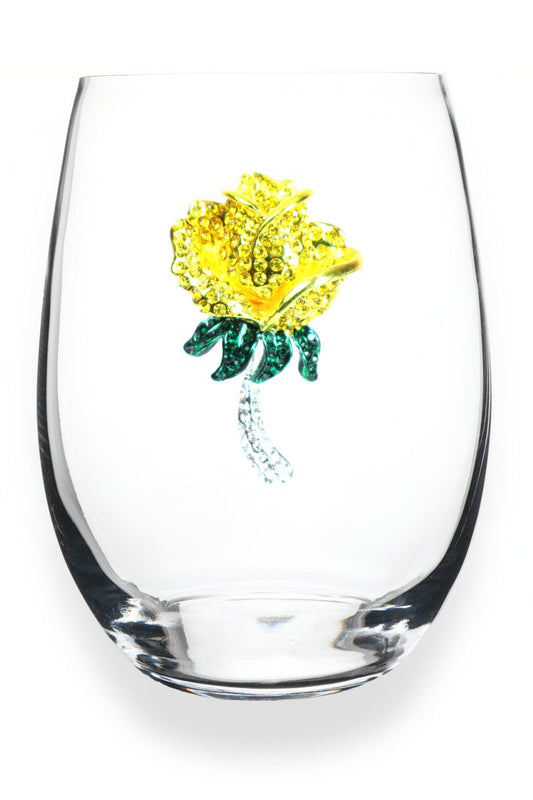 Yellow Rose Jeweled Stemless Wine Glass