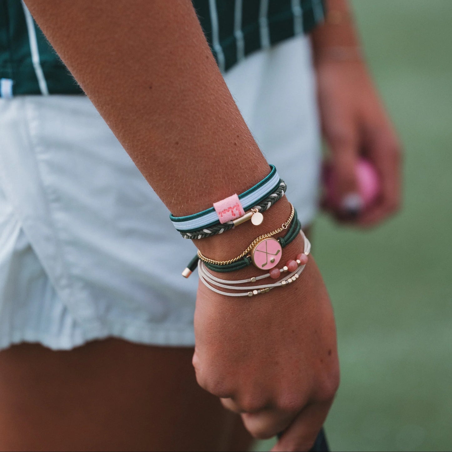 "Tee Time" Green & Pink Hair Tie Bracelets