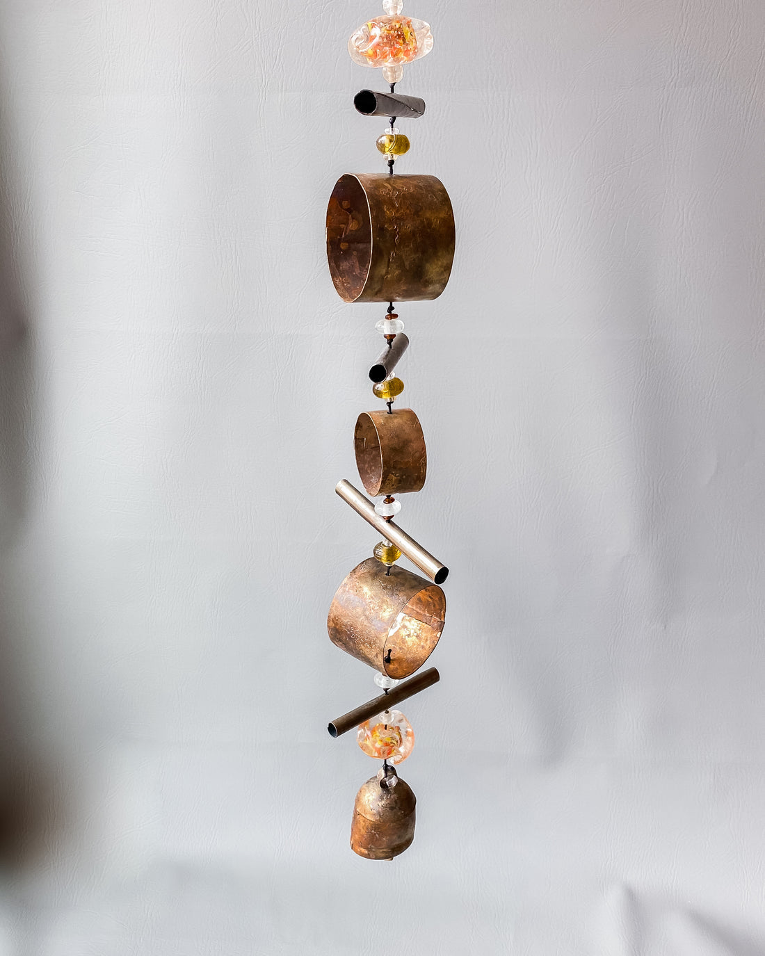 Moksha India Imports Twirling 3 Copper Rings & Blown Art Glass with Nana Bells Wind Chime