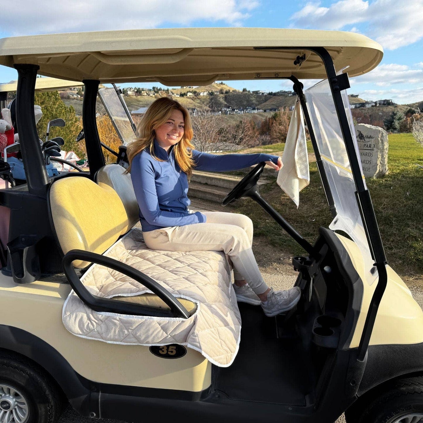 Birdie Gingham Neutral Golf Cart Seat Cover