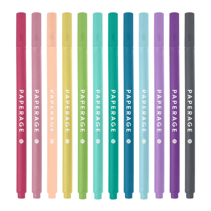 Felt Tip Fine Line Pastel Marker Pens with Case - 12 Pack