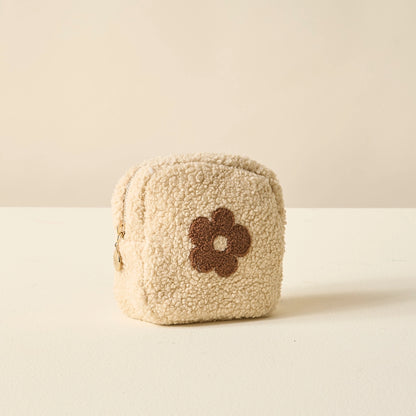 Brown Flower Square Teddy Pouch Makeup Bag