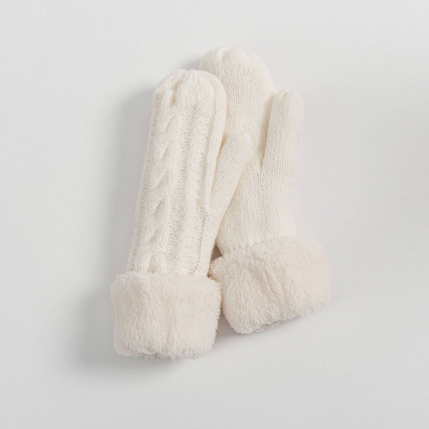 Fleece Lined Cuffed Winter Knit Mittens: White