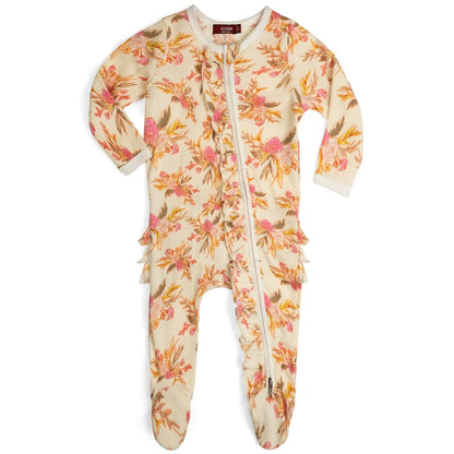 MilkBarn Vintage Floral Organic Cotton Ruffle Zipper Footed Romper