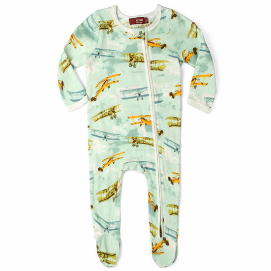 MilkBarn Vintage Planes Organic Cotton Zipper Footed Romper