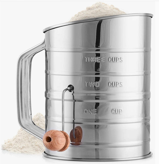 Stainless Steel Rotary Hand Crank Flour Sifter - 3 Cups
