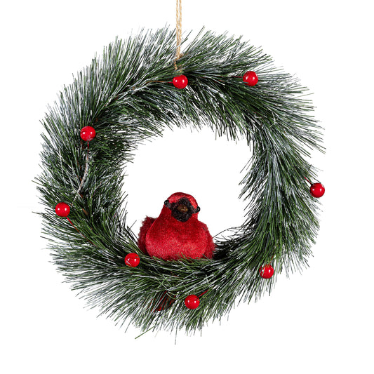 Holiday Poinsettia Ornament with Cardinal – Fiber Wreath