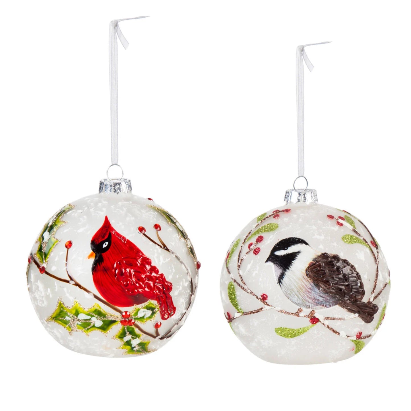 Cardinal and Chickadee Glass LED Christmas Ornament