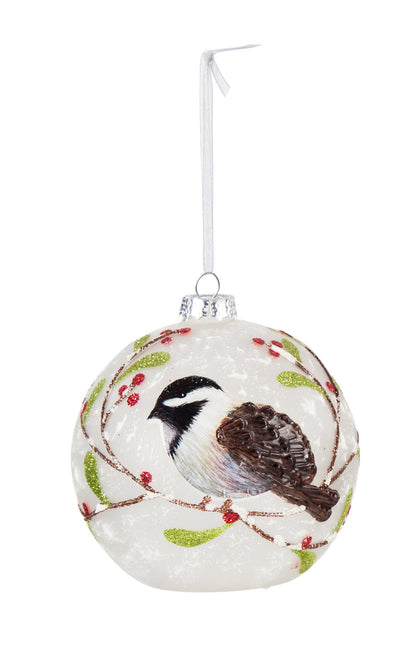 Cardinal and Chickadee Glass LED Christmas Ornament