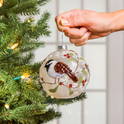 Cardinal and Chickadee Glass LED Christmas Ornament