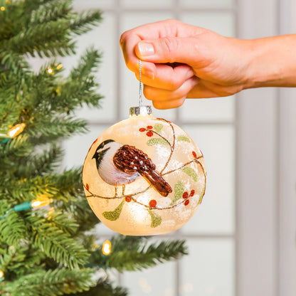 Cardinal and Chickadee Glass LED Christmas Ornament