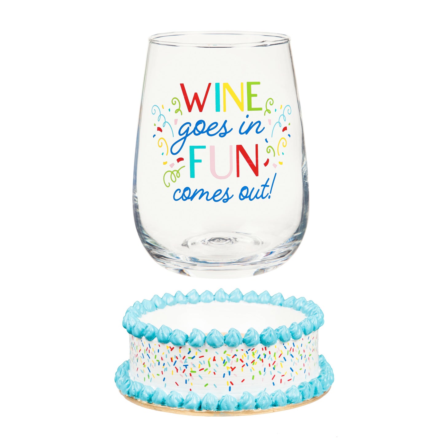 "Wine Goes In" Stemless Glass with Coaster Base