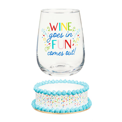 "Wine Goes In" Stemless Glass with Coaster Base